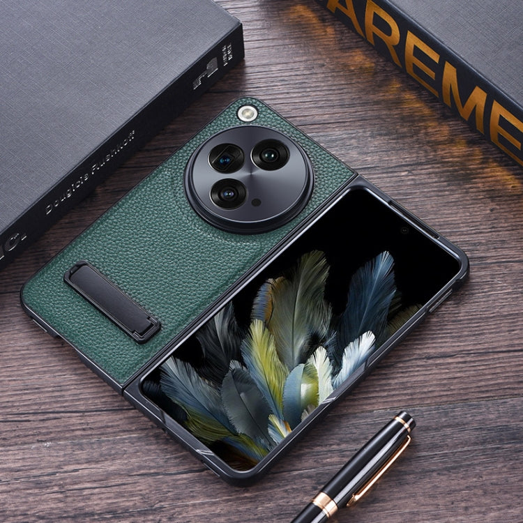 Litchi Texture PU Phone Case with Holder (Green) - For OnePlus Open - Mos Accessories